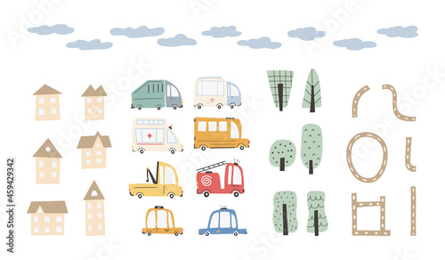 Child's city cars set with cute houses and trees. Funny transport. Cartoon vector illustration in simple childish hand-drawn Scandinavian style for kids. The fire engine, ambulance, police, bus.