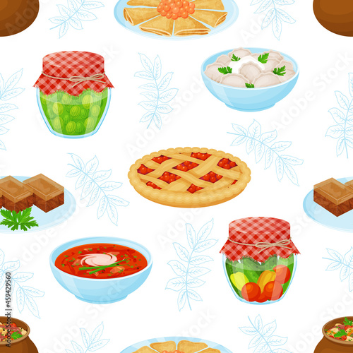 Seamless pattern from russian traditional meals. Vector illustration. Cartoon style.