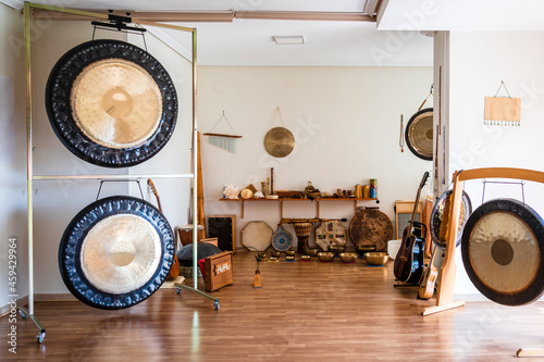 Collection of musical and percussion instruments in studio photo