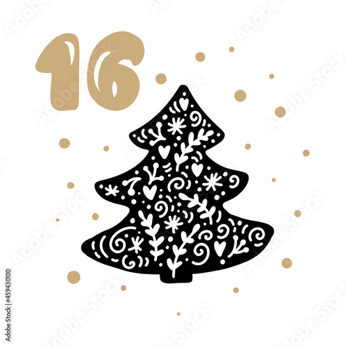 Christmas Advent calendar with cute scandinavian hand drawn vector. Winter Illustration of nordic fir tree. Twenty-four days before holiday. Ethno sixteenth Day