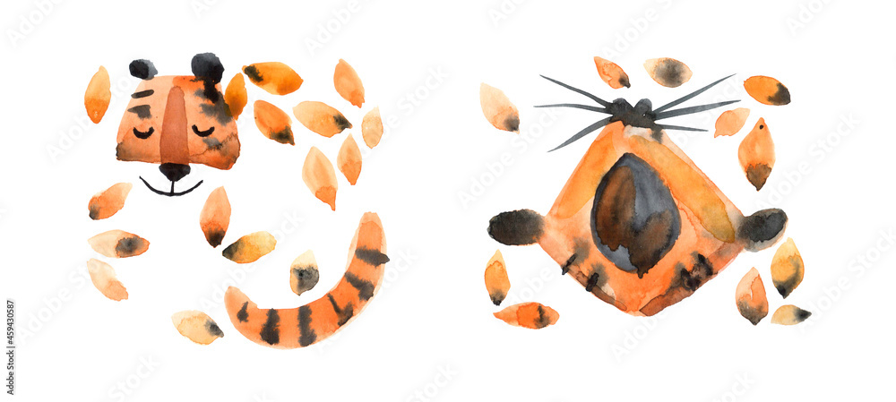 2022 Year of the Tiger. The hand drawn watercolor illustration of tiger