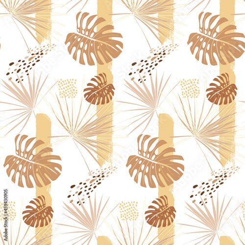Delicate seamless pattern in beige shades with palm branches and monstera leaves in boho style in vector for textiles and surface design