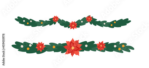 Christmas spruce branches with poinsettia and berries. New Year decoration elements set. Traditional decor, ribbon of branches with flowers. Isolated vector illustration