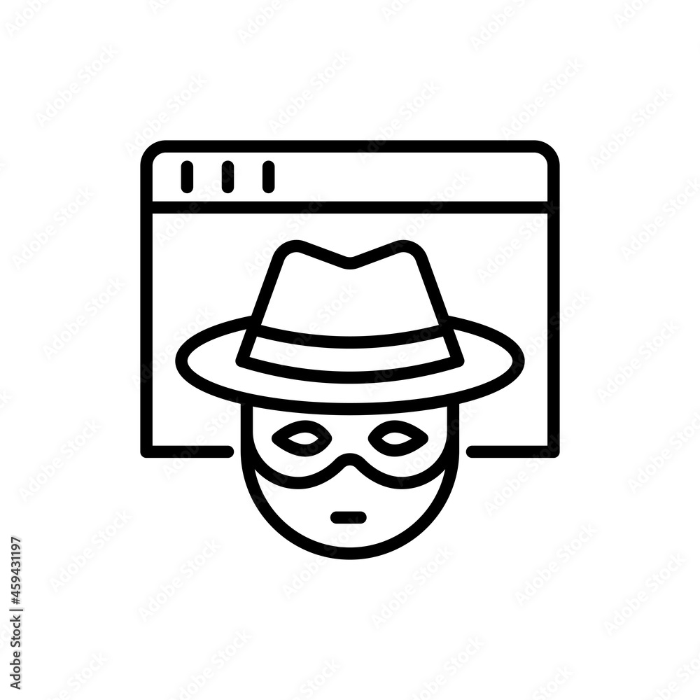 Private browsing thin line icon, person in hat and face mask on web page. Modern vector illustration.