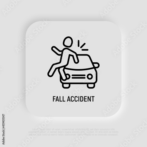 Fall accident thin line icon. Pedestrian is hitten by a car. Modern vector illustration of road safety.