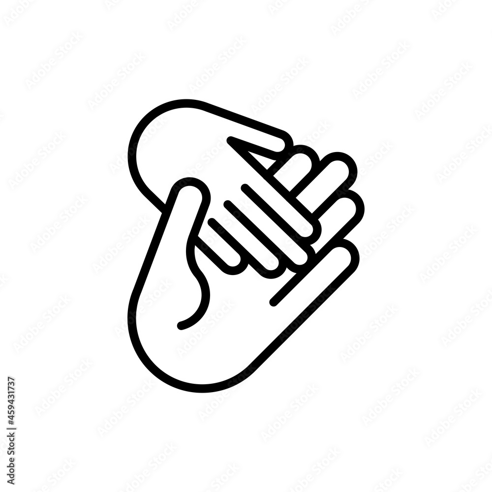 Helping hand, child hand in adult. Thin line icon. Modern vector illustration of adoption, charity or support. Helping hand, child hand in adult. Thin line icon. Modern vector illustration of adoption, charity or support.