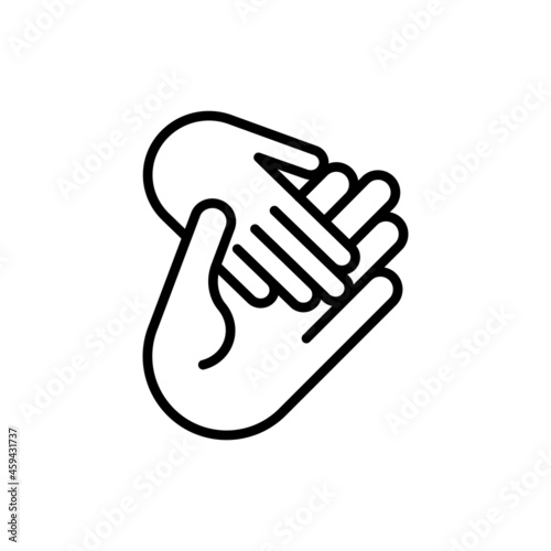 Helping hand, child hand in adult. Thin line icon. Modern vector illustration of adoption, charity or support.