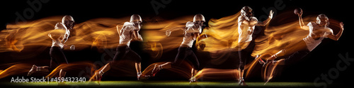 Development of motions. Young man, american football player in action isolated over dark background in neon mixed colored light. Collage. Concept of sport, competition