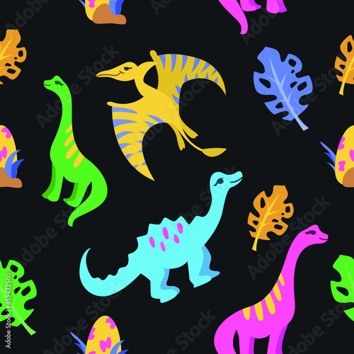 Childish seamless pattern with dinosaur and tropical leaves on a black background. Cute dino design. Perfect fit for nursery clothes, fabric, wrapping paper, wallpaper, textile design.