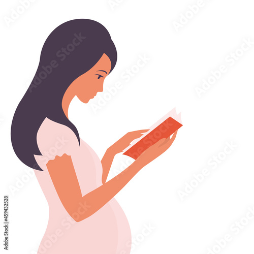 Beautiful pregnant girl reads a book. Learning to be a mom. Healthy lifestyle. Vector isolated cartoon illustration