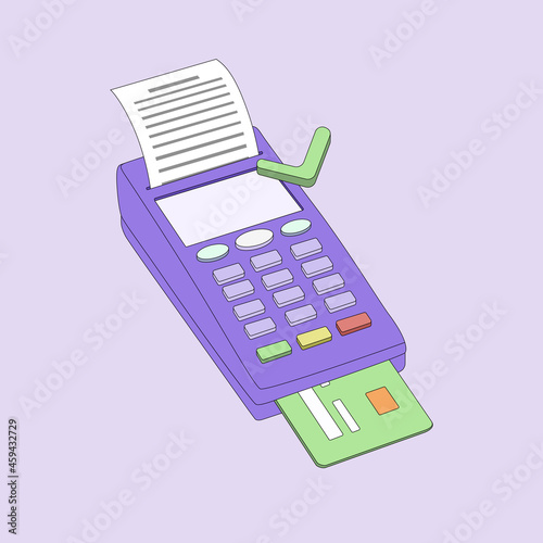 Payment terminal, isometric illustration. POS terminal on purple background with check and credit card. Approved payment. Vector EPS 10.