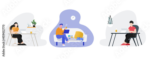 Set of people working online from home office.vector design.