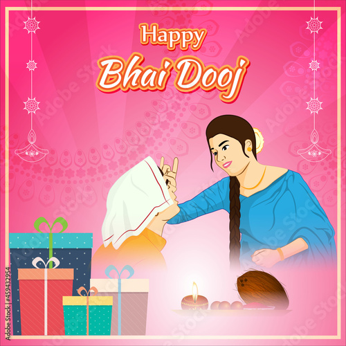 Vector illustration of brother and sister celebrating bhai dooj, Bhai Tika, Indian Hindu festival, coconut, diya and sweets in pooja thali, vector banner on beautiful bokeh background.