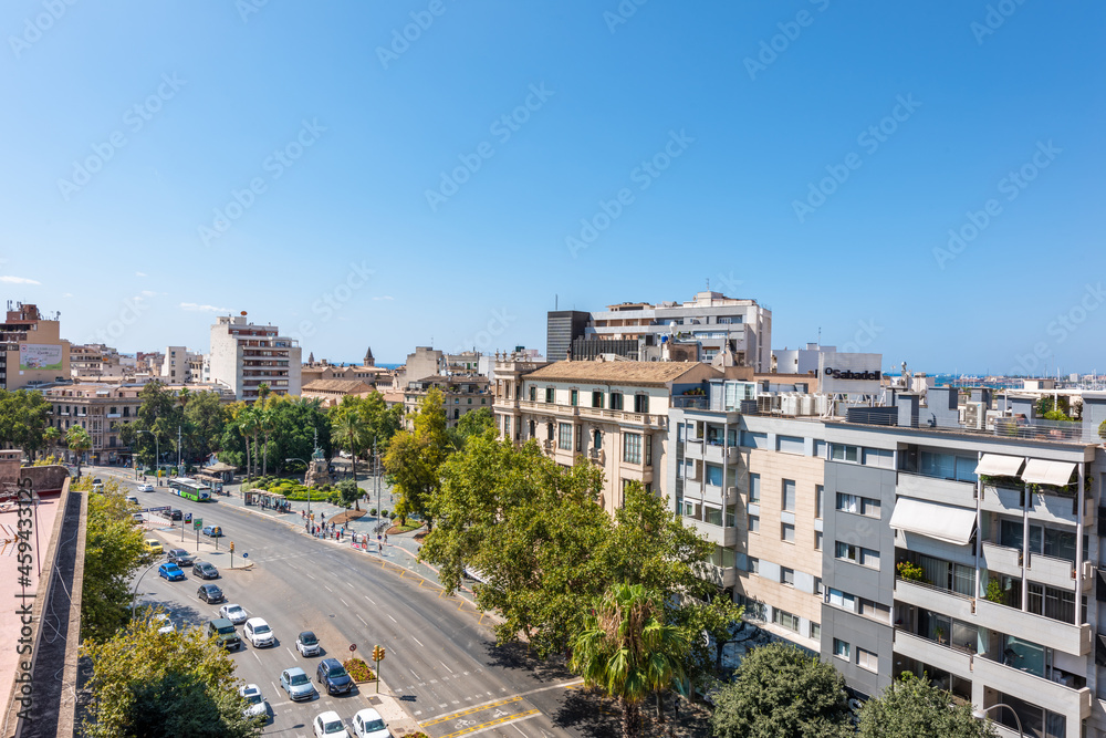 Views from above of the city of Palma de Mallorca with the Plaza de España and views of the sea