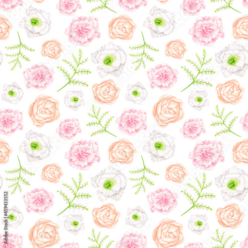Floral seamless pattern with watercolor flowers. Hand painted little flowers in neutral color palette isolated on white. Botanical endless background for wedding, wrapping, textile, fabrics