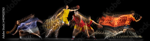 Collage of images of professional basketball and tennis player in motion isolated on dark background with stroboscoper effect. © master1305