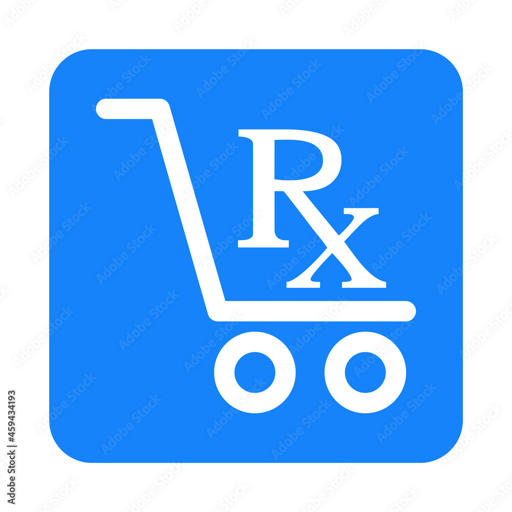 Logotipo con texto RX con silueta de carrito de la compra con lineas en cuadrado color azul Logotipo con texto RX con silueta de carrito de la compra con lineas en cuadrado color azul