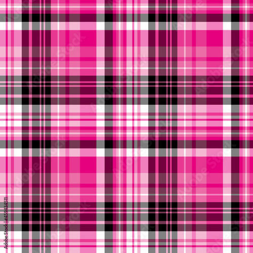 Seamless pattern in white, black and bright pink colors for plaid, fabric, textile, clothes, tablecloth and other things. Vector image.