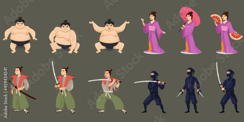 Characters of japanese culture. Different persons in cartoon style.