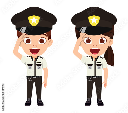 Happy cute beautiful kid boy and girl police character standing and posing isolated