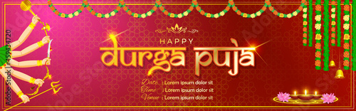 illustration of Goddess Durga Face in Happy Durga Puja Subh Navratri abstract background with text Durga puja photo