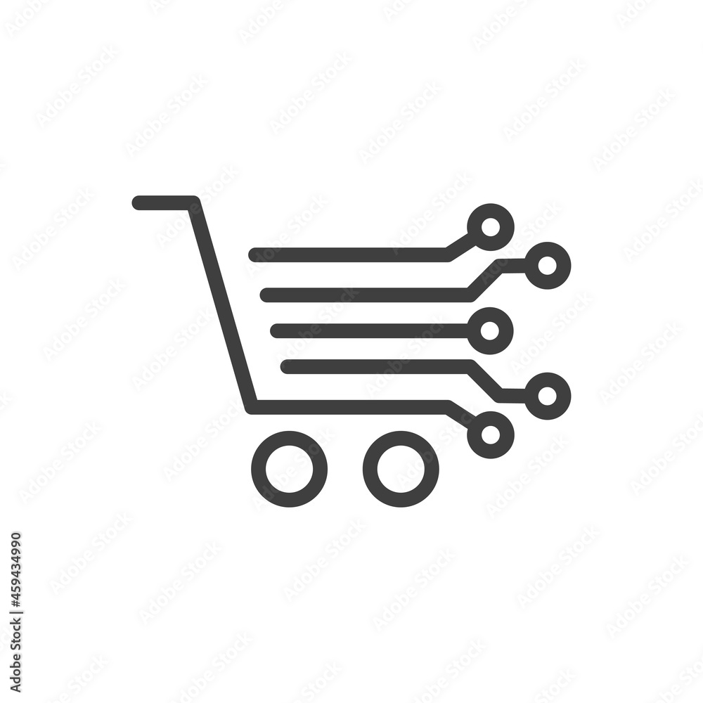 Logotipo con silueta de carrito de la compra con circuito digital con lineas con círculos en color gris
