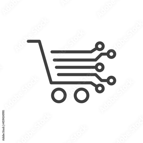 Logotipo con silueta de carrito de la compra con circuito digital con lineas con círculos en color gris