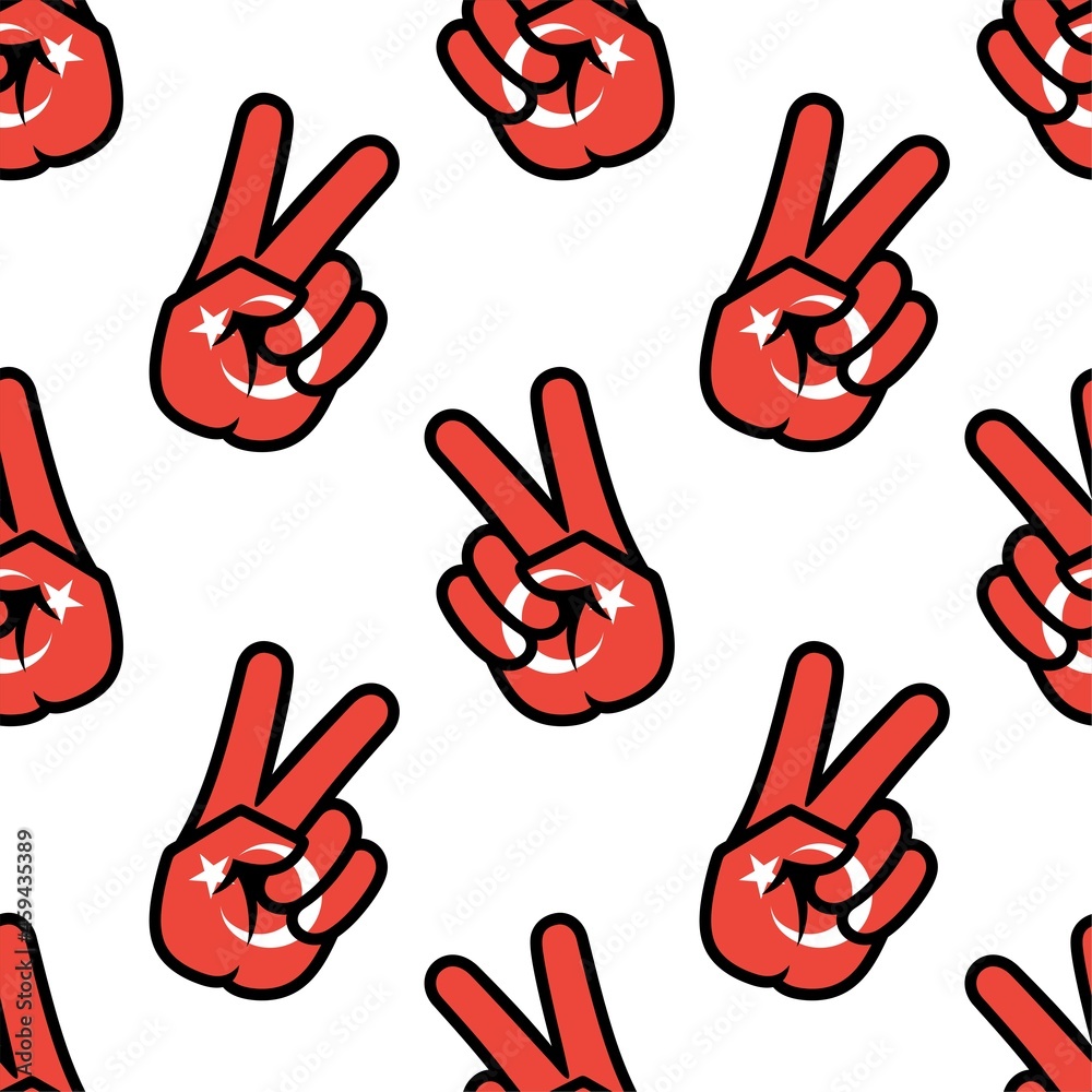 Fototapeta premium Turkey flag in the form of a peace sign. Seamless background. Gesture V victory sign, patriotic sign, icon for apps, websites, T-shirts, souvenirs, etc., isolated on white background