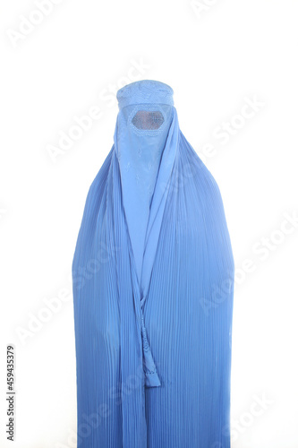 Woman in Blue Burqa from Afghanistan Isolated on White