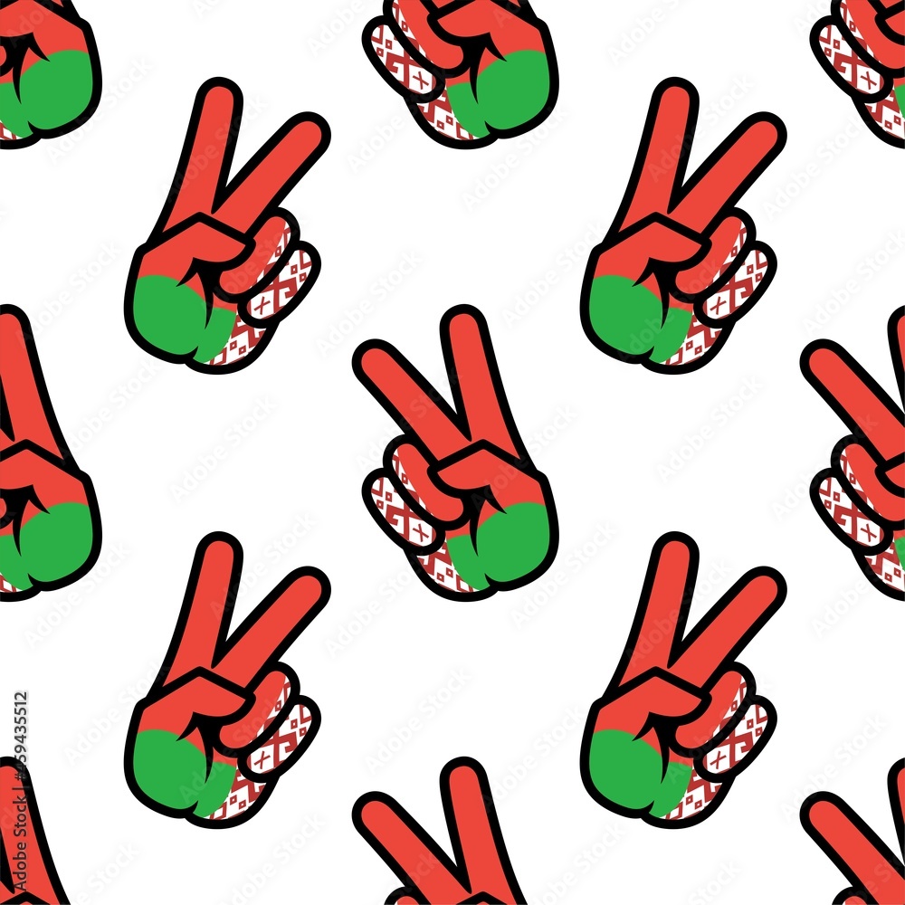 Belarus flag in the form of a peace sign. Seamless background. Gesture V victory sign, patriotic sign, icon for apps, websites, T-shirts, souvenirs, etc., isolated on white background Belarus flag in the form of a peace sign. Seamless background. Gesture V victory sign, patriotic sign, icon for apps, websites, T-shirts, souvenirs, etc., isolated on white background