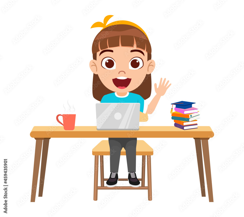 Happy cute kid girl character sitting on wooden desk studying with laptop and books and with coffee isolated waving