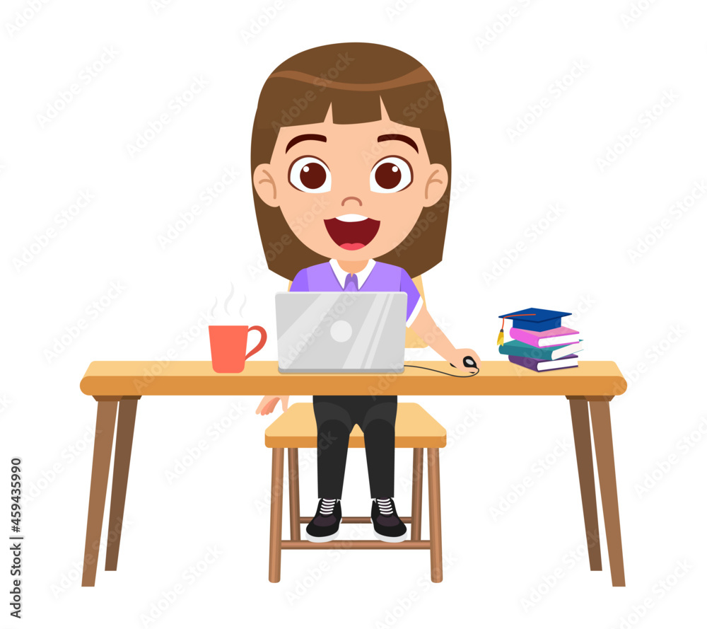 Happy cute kid girl character sitting on wooden desk studying with laptop and books and with coffee isolated Happy cute kid girl character sitting on wooden desk studying with laptop and books and with coffee isolated