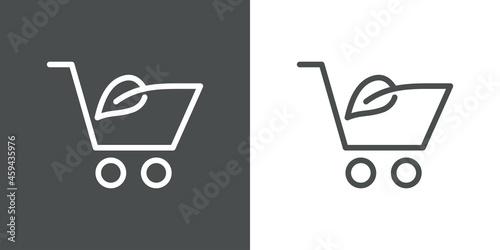 Logotipo con silueta de carrito de la compra con hoja de planta con lineas en fondo gris y fondo banco