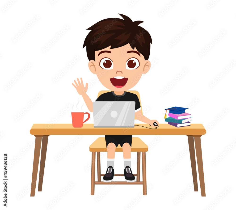 Happy cute kid boy character sitting on wooden desk studying with laptop and books