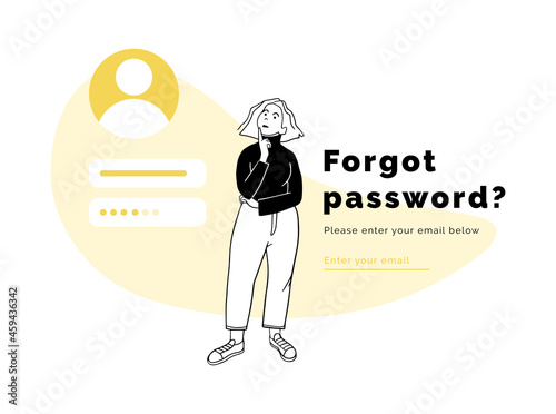 Pensive girl remembering a password, flat design.