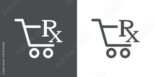 Logotipo con texto RX con silueta de carrito de la compra con lineas en fondo gris y fondo banco