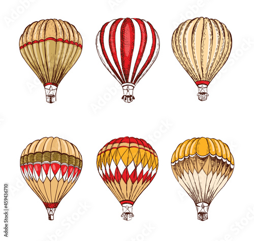 Hot air balloons flying. Hand drawn illustration	
