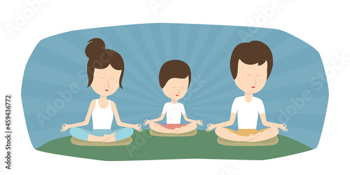 parents and kid sitting cross-legged on floor, meditating and performing breath control exercise, concept of meditation to release negative emotions, vipassana buddhist meditation, family activity