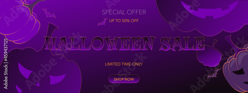 Halloween poster with pumpkin and bats. Black and purple banner big sale