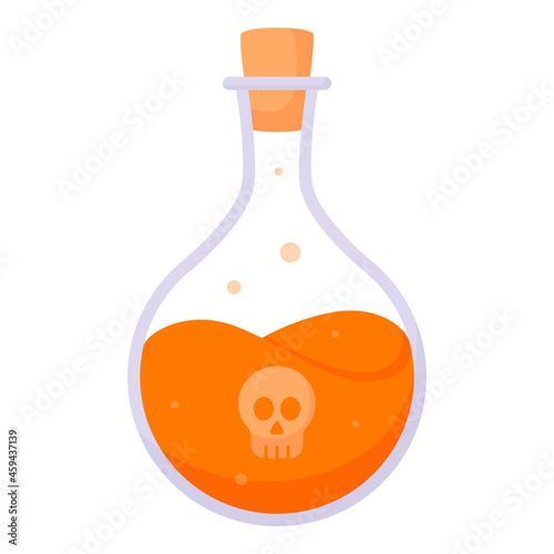 A round flask with poison and a stopper. Halloween. Flat cartoon style