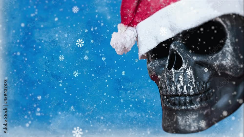Animated Christmas card with a skull of Santa Claus in a red cap on an illustration with falling snowflakes