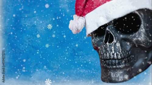 Animated Christmas card with a skull of Santa Claus in a red cap on an illustration with falling snowflakes