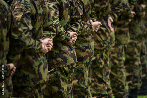 Swiss army soldiers representing the guard of honor are seen during a welcome ceremony in Bern