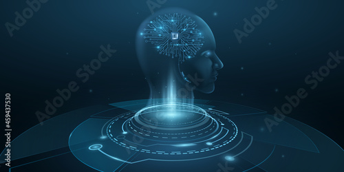 Digital holographic face of a cyborg man with artificial intelligence brain. Futuristic humanoid analyzes big data. Technology background. Neural network. Vector