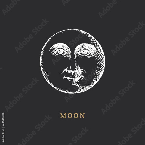 Moon, hand drawn illustration. Vintage occult sign