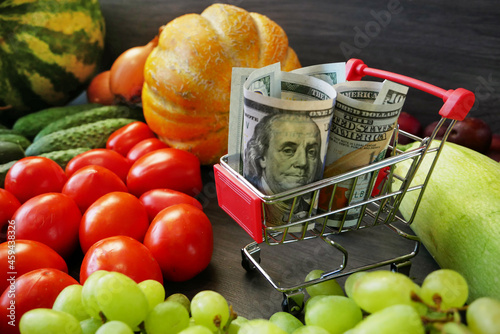 many different fruit and vegetables and money in basket, green glocery shop, money for food and grocery basket photo