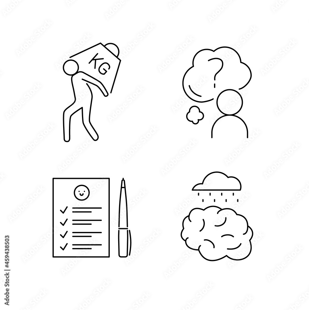 Psychotherapy and psychology line icon set. Simple thin outline pictogram collection. Mental health elements. Anxiety, group therapy, mood disorder, depression. Editable stroke vector illustration Psychotherapy and psychology line icon set. Simple thin outline pictogram collection. Mental health elements. Anxiety, group therapy, mood disorder, depression. Editable stroke vector illustration