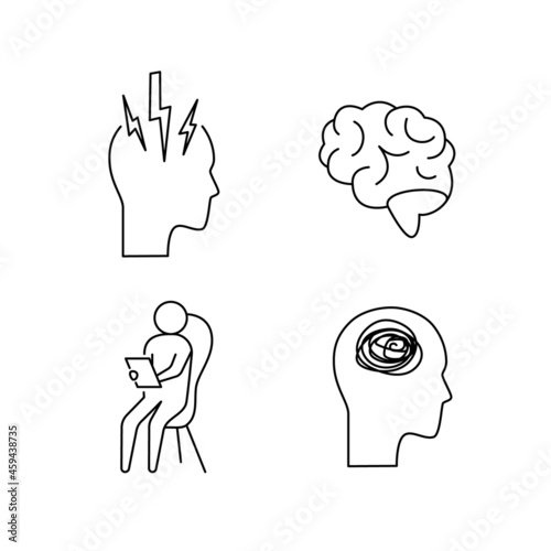 Psychotherapy and psychology line icon set. Simple thin outline pictogram collection. Mental health elements. Anxiety, group therapy, mood disorder, depression. Editable stroke vector illustration