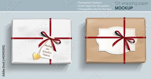 Vector gift paper box mock up with bow on light background with transparent shadows. Wrapping paper  template for your design