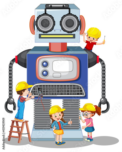 Children building robot together on white background